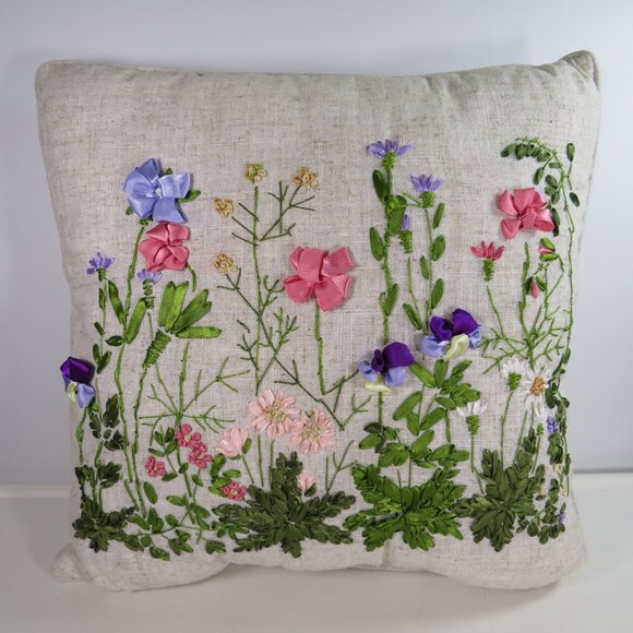 Ribbon Embroidered Spring Pillow Floral Design with Heather back - Picture 1 of 6